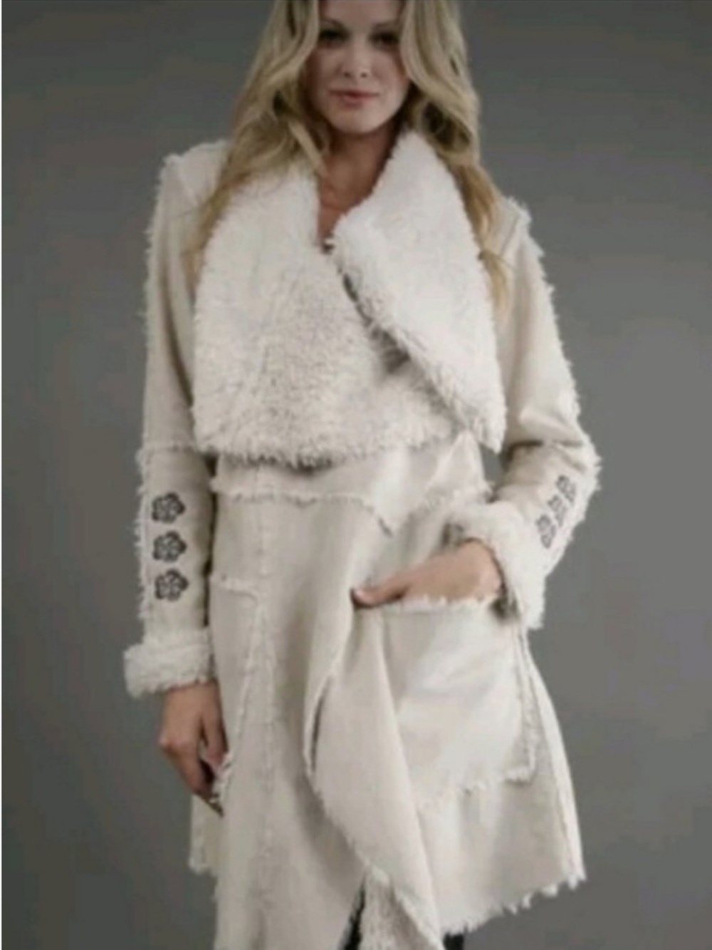 Johnny Was BIYA Shearling Faux Suede Embroidered Coat Hippie Boho XS Long Jacket - Picture 7 of 16